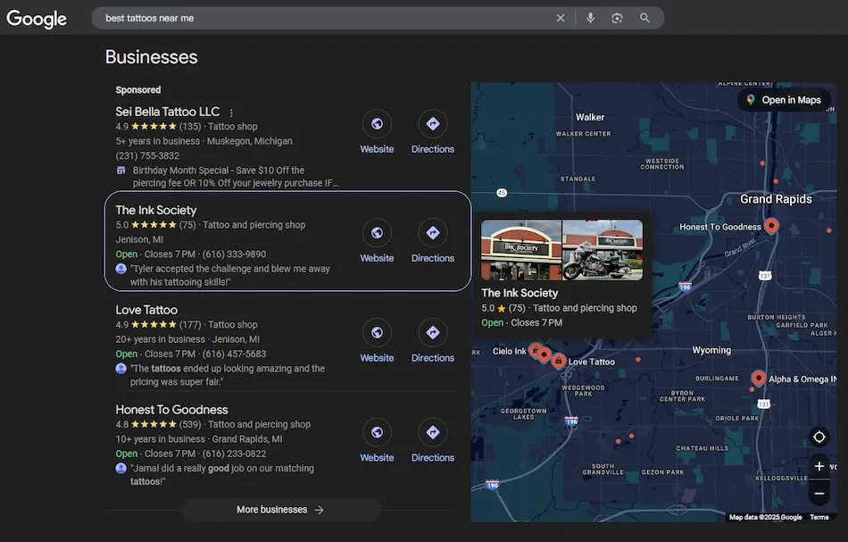 Screenshot showing The Ink Society as the top-ranked Google search result for tattoo and piercing in Grand Rapids
